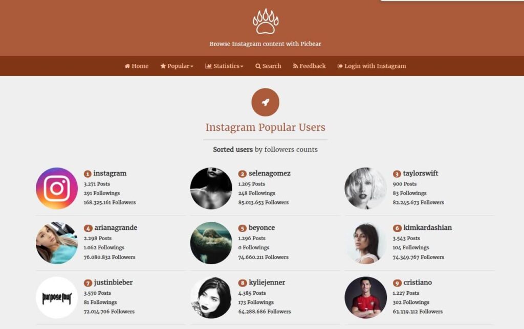 Picbear search Instagram popular users