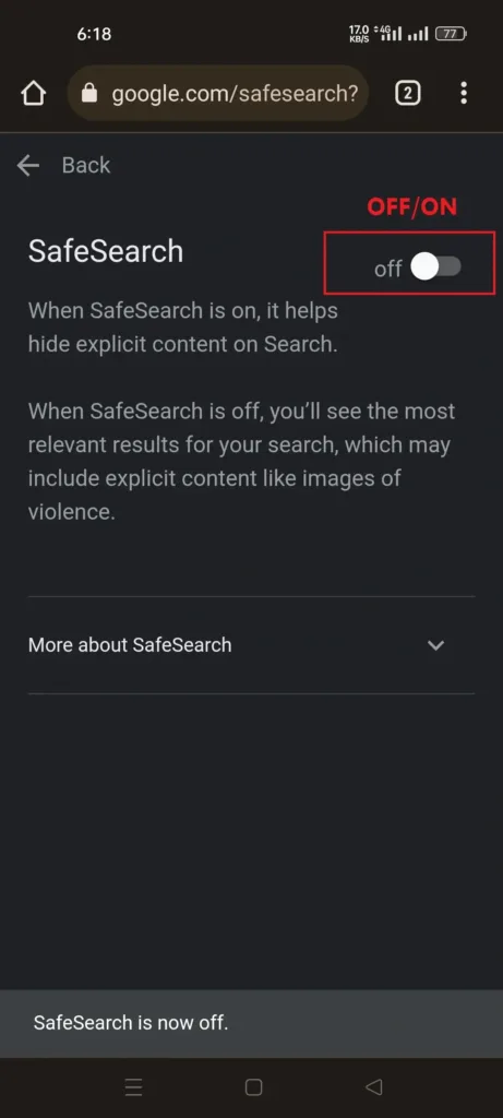 how to turn off safesearch on android (browser)