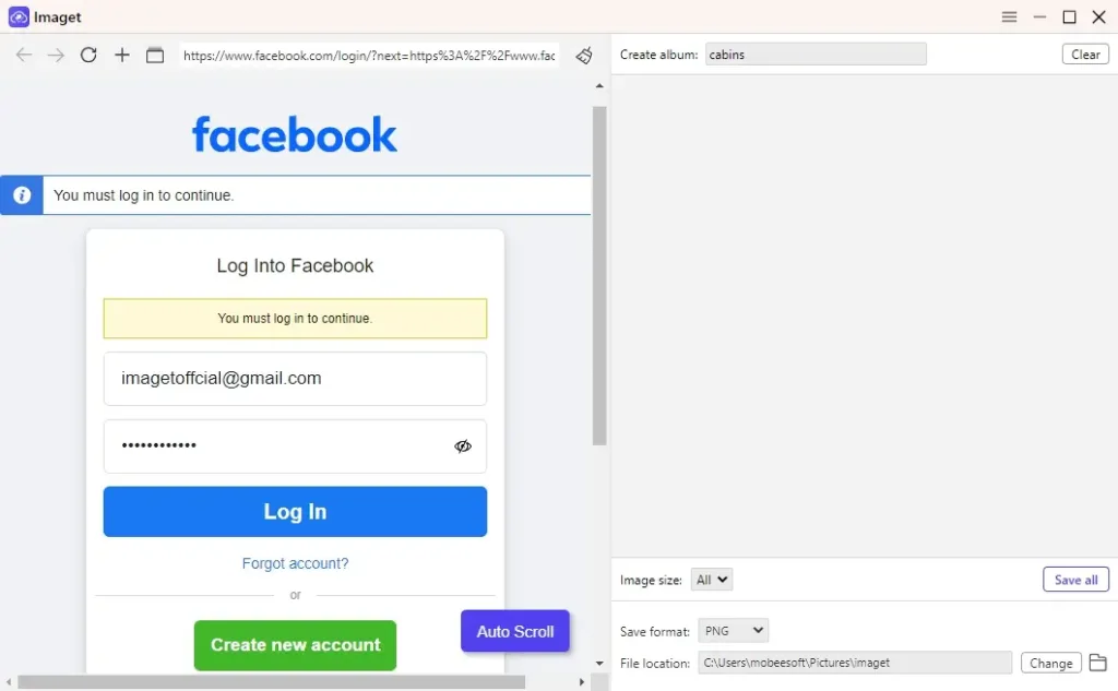 Launch Imaget and Log in to Your Facebook Account